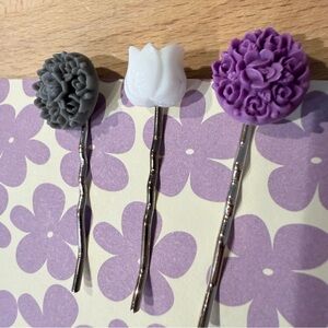 Alchemy Relics Handmade Floral Hair Pins – Purple, White & Charcoal (Set of 3)